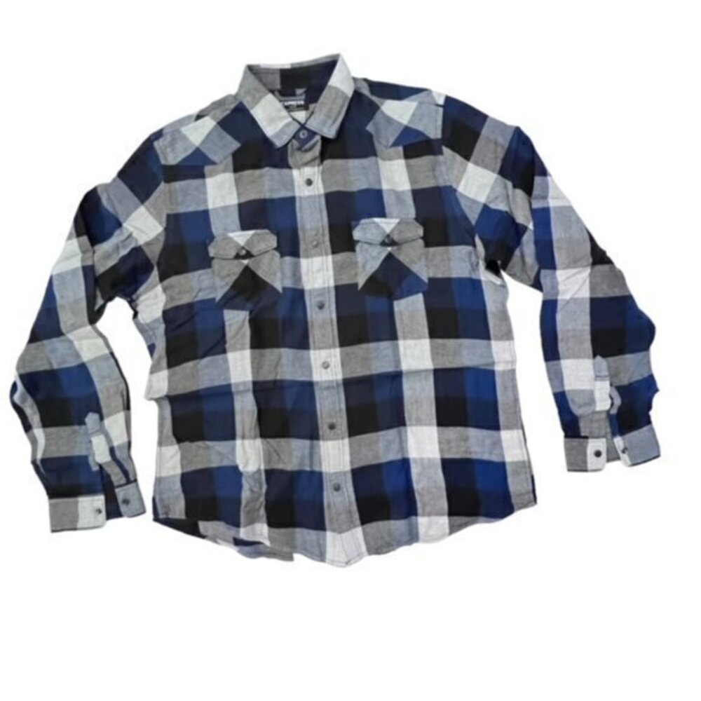 Express Shirt Mens Extra Large Blue Plaid Blue Snap Western Cowboy Long Sleeve